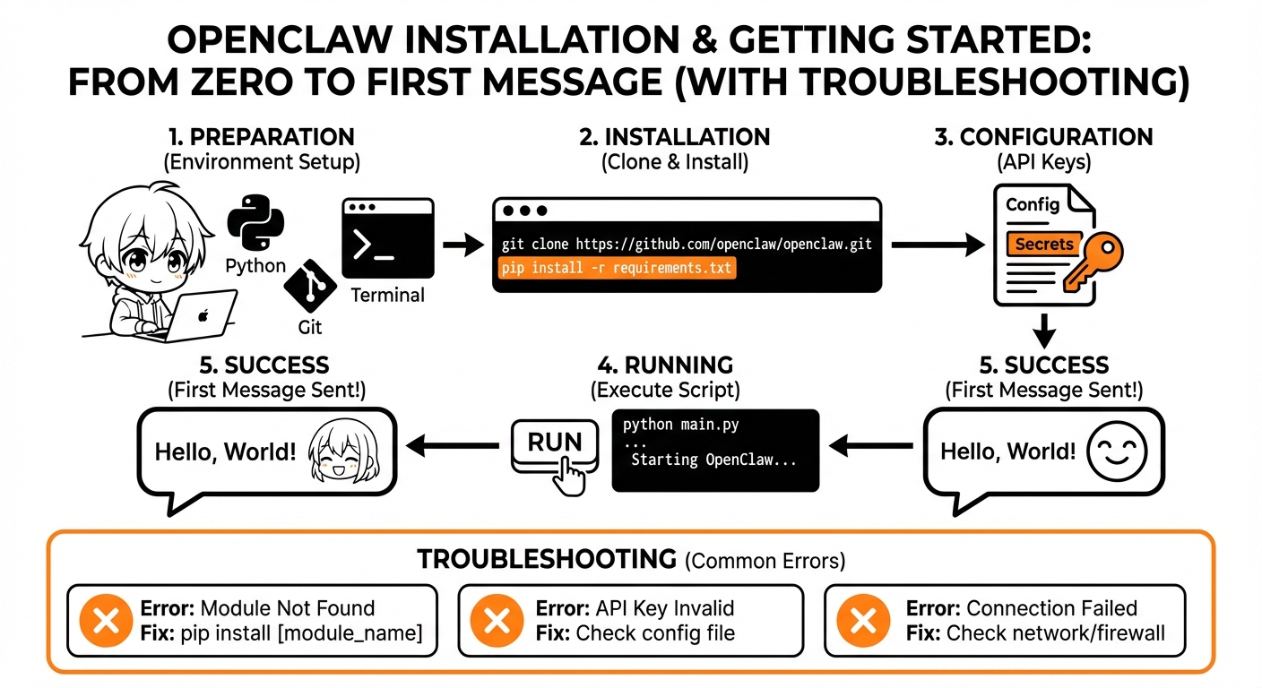 OpenClaw 安装与上手：从零到跑通第一条消息（含完整排错） 信息图